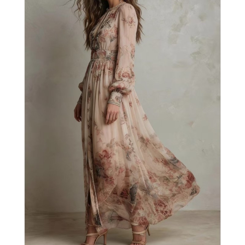 Robe bohème élégante à imprimé floral, taille haute, pour femmes, col rond, ourlet ample, manches longues, robe de vacances, vestidos.