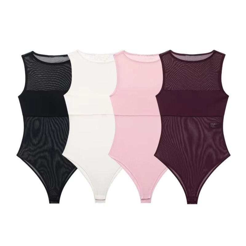 Combinaison en tulle pour femmes, printemps-été, sexy, légère, col rond, sans manches, style plage, combinaison féminine