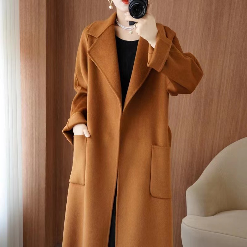 Manteau en laine 100% pour femme, vêtement de tempérament, Double face, en cachemire avec ceinture, pardessus Long élégant, mode automne/hiver 2024