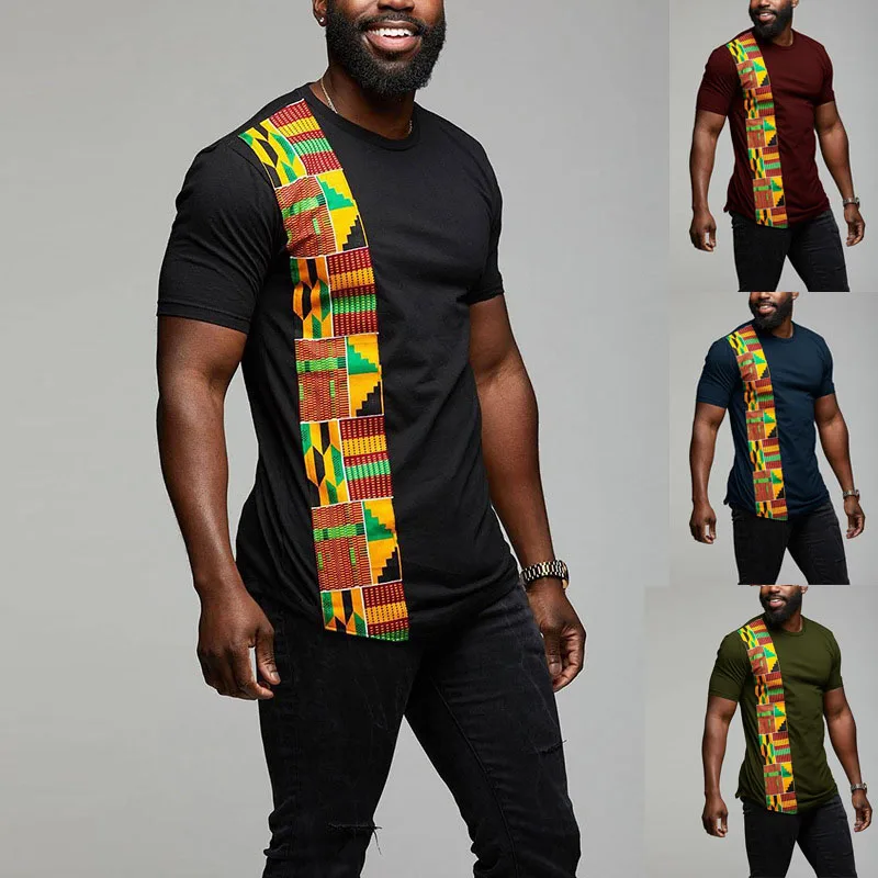 T-shirt Africain à Manches Courtes et Col Rond pour Homme, Vêtement avec Patchwork de Documents Imprimés, Style Ankara, Noir
