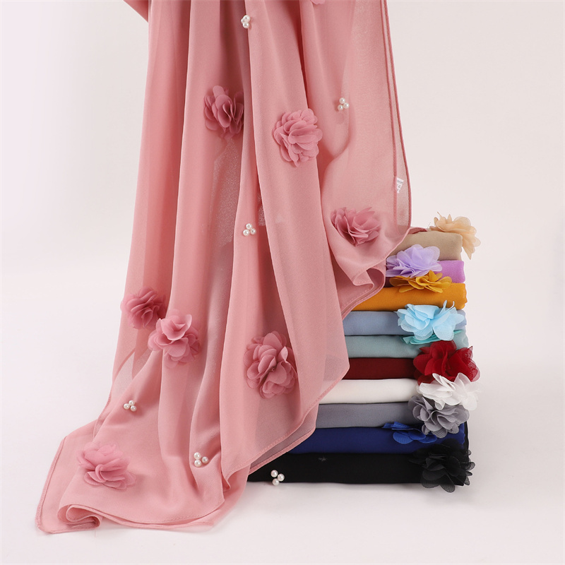 Point uni Rose bulle florale en mousseline de soie Hijab Ramadan perles foulards châles femmes crème solaire foulard extérieur coupe-vent tête enveloppement