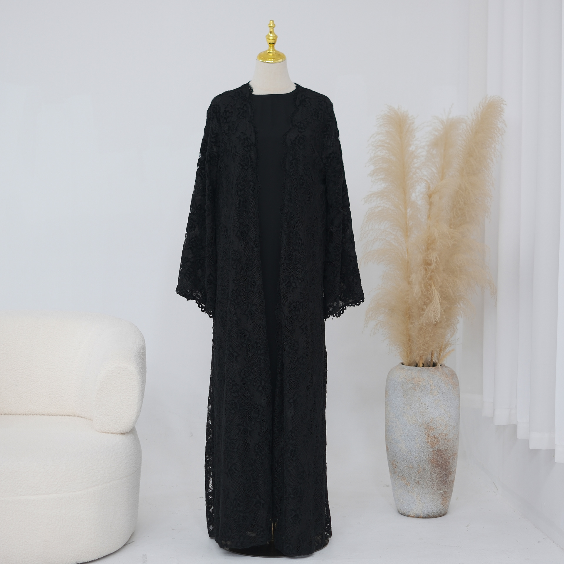 Abaya Cardigan Dubaï à Double Couche en Dentelle pour Femme – Robe Ample et Respirante, Kaftan Décontracté, Vêtement Islamique