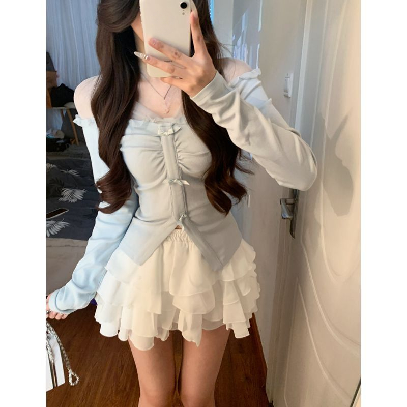 Ensemble 2 pièces pour femmes, Mini jupe, manches longues, Coquette, hauts fins, Y2k, Kpop Girl, tenues esthétiques des années 2000, costumes Vintage