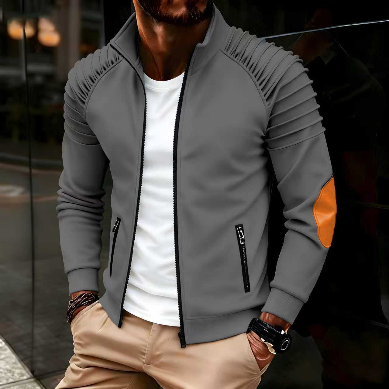 Veste homme avec fermeture éclair sur le devant, manches plissées, col montant décontracté, manches longues, adaptée aux hauts d'automne et d'hiver
