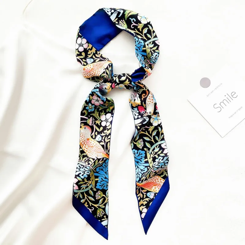 Longue écharpe en soie de luxe pour femmes, imprimé de fleurs, fine et étroite, sac, bandeau pour cheveux, ruban, foulard pour femmes