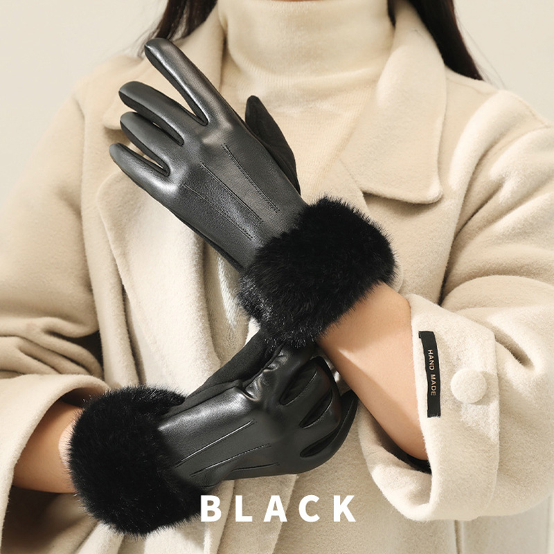 Gants en cuir PU pour femmes, avec garniture en fausse fourrure, manchette pour temps froid, doublure thermique épaisse, gants chauds coupe-vent, mode hiver