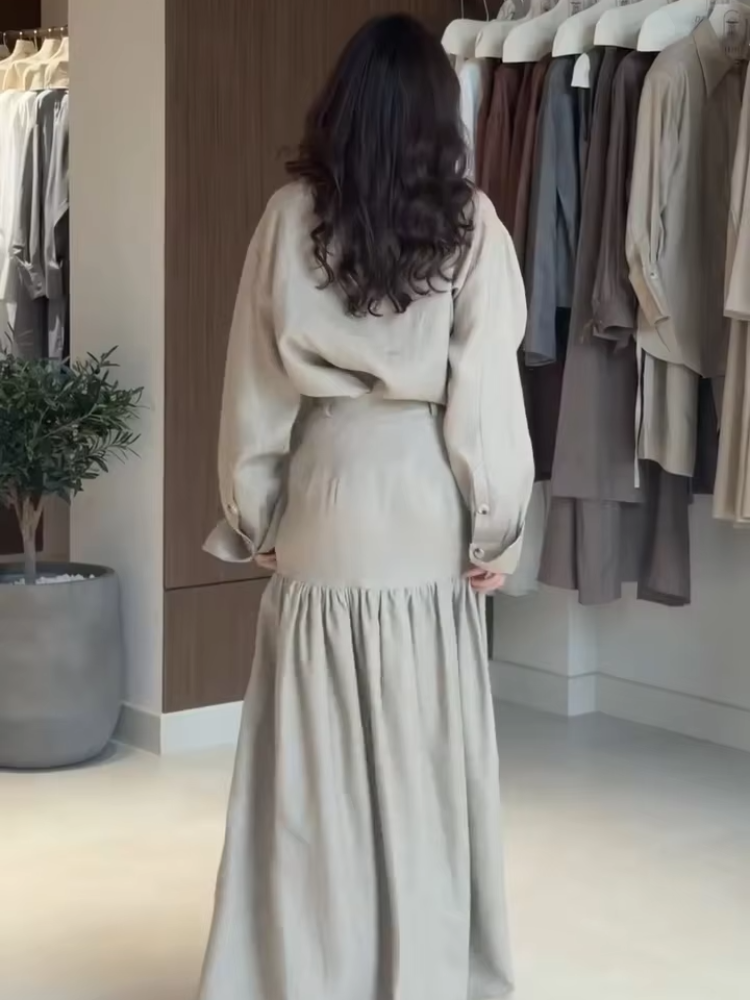 Ensemble jupe et chemise pour femme, chemise à col rabattu et simple boutonnage, jupe longue taille haute ajustée avec ourlet à volants et boutons, ensemble assorti pour femme