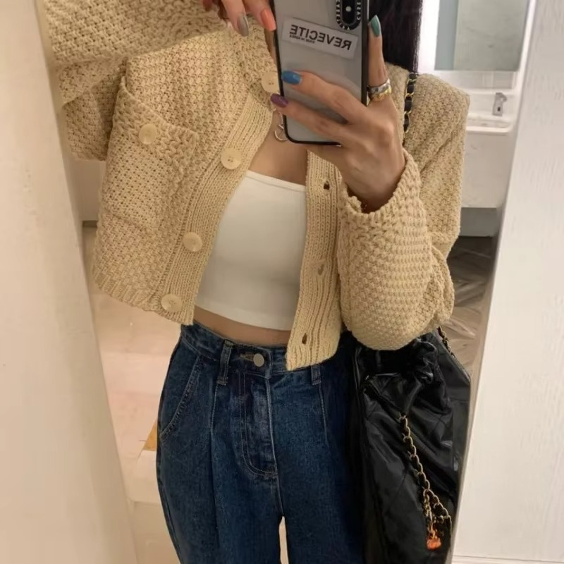 Cardigan court avec poches pour femme, mode coréenne, tricoté, col rond, manches longues, Simple, couleur unie, pull, livraison directe