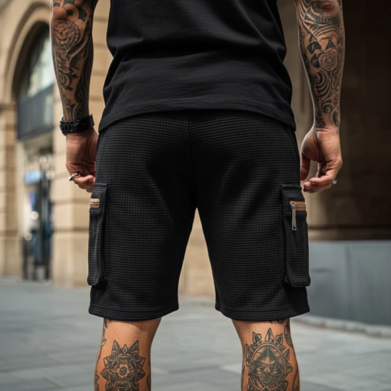 Shorts Cargo Homme Été Imperméables Respirants Extérieur Poches Zippées Décontractés Taille Élastique Tissu Gaufré Vêtements de Travail Lavés