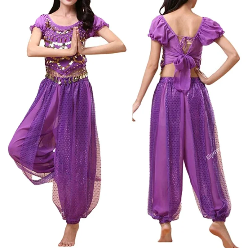 Ensemble de costumes de danse du ventre pour femmes, hauts à paillettes avec sarouel, haut court, pantalon sarouel, tenue de danse arabe d'halloween