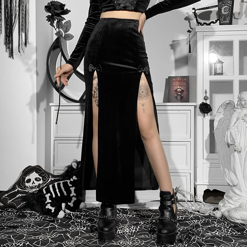 Jupe longue de fête chic pour femme, style punk, nouvelle collection, taille haute, coupe ajustée, avec nœud sexy et fente latérale, longueur genou, idéale pour Halloween