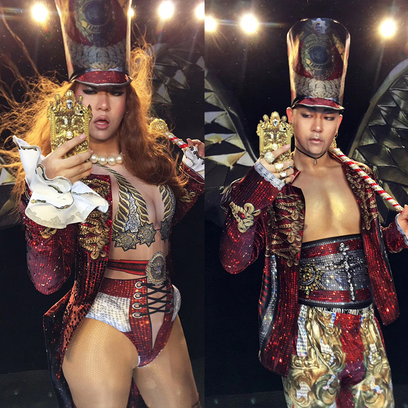 Costume de scène homme/femme, uniforme militaire, combinaison vintage imprimée, cape, tenue de danse, déguisement de drag queen