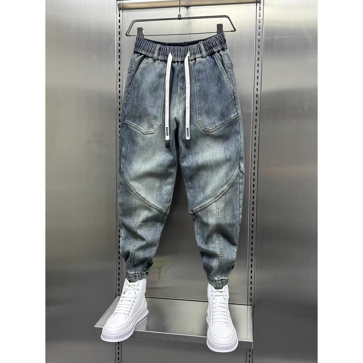 Jean Denim Bleu pour Homme, Pantalon Sarouel, Taille artificiel astique, Poignets, Vêtements de Luxe Décontractés, Mode Printemps-Automne, Nouveau, 2024