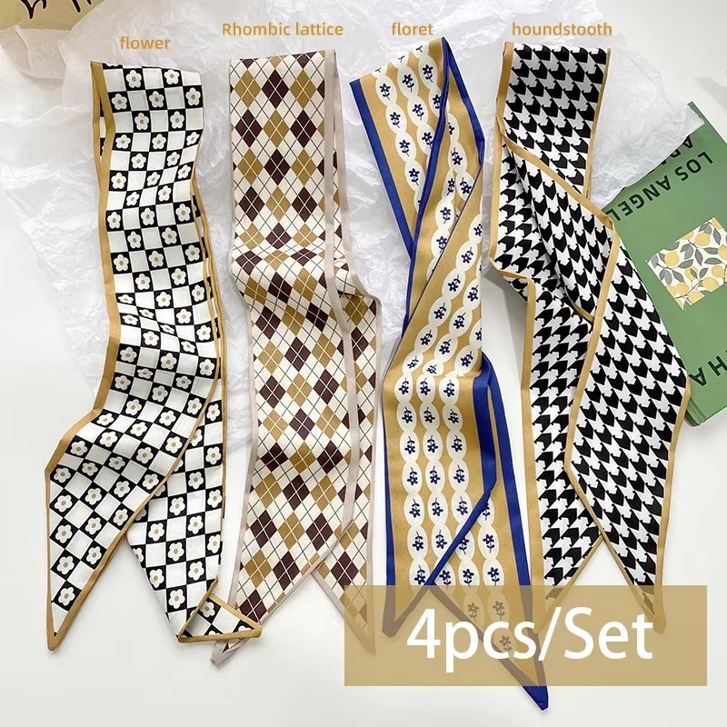 Foulard en Satin de soie pour femmes, série 4 pièces/ensemble, bandes de cheveux en tissu, accessoires de coiffure, foulards pour dames, attaches de cou en ruban pour poignée de sac