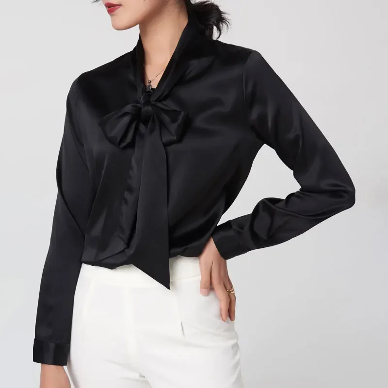 Chemise en soie de mûrier lourde pour femmes, chemisier à manches longues en Satin de soie, col en v, avec ruban à nœud, nouvelle collection printemps et automne 2025