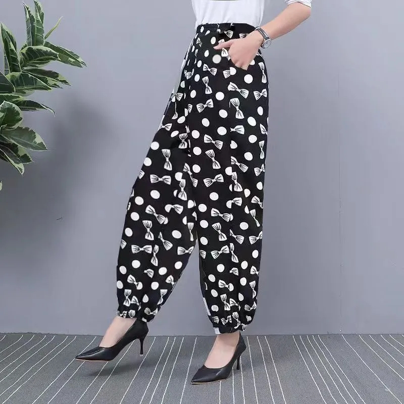 Pantalon en soie glacée pour femmes, sarouel fin, taille haute, élastique, mode imprimée, décontracté, jambes larges, nouvelle collection été 2024