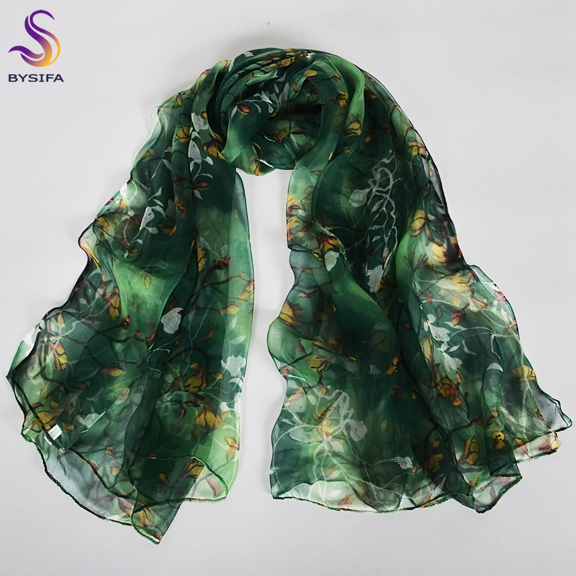 [BYSIFA] vert Jade véritable soie longue écharpe pour les femmes élégant Magnolia Design marque 100% soie cou foulards enveloppes pour printemps automne