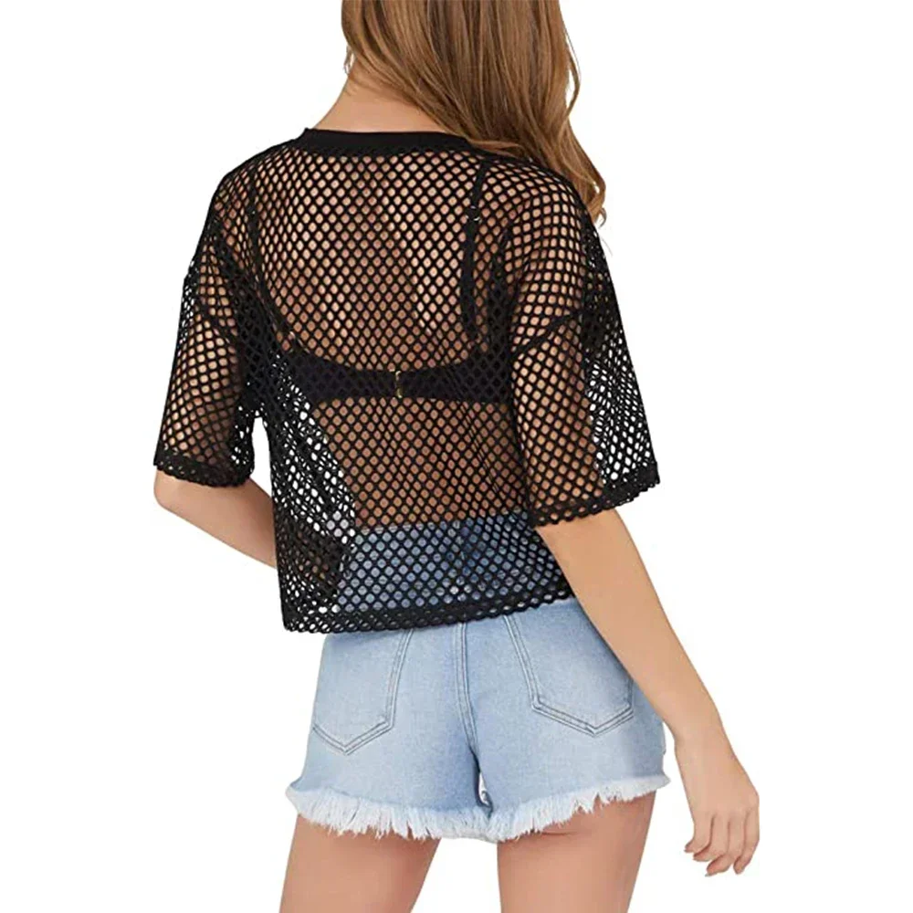 Mode dame résille Transparent culture hauts T-shirt pour femmes été à manches courtes col rond solide T-shirt t-shirts vêtements féminins