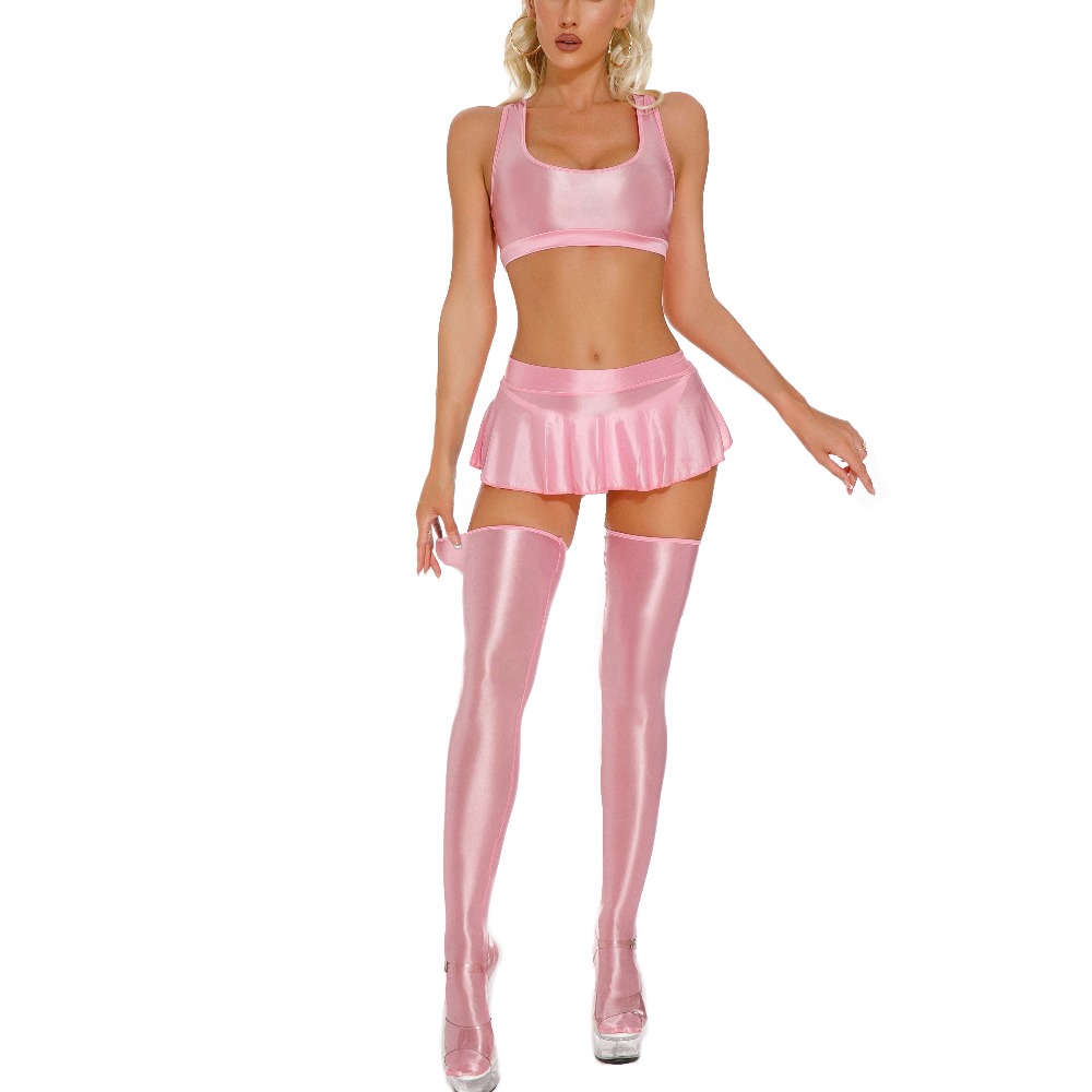 Ensembles de vêtements unis et lisses pour femmes, costumes de spectacle de danse sexy pour filles, mini-jupes brillantes + hauts courts + bas