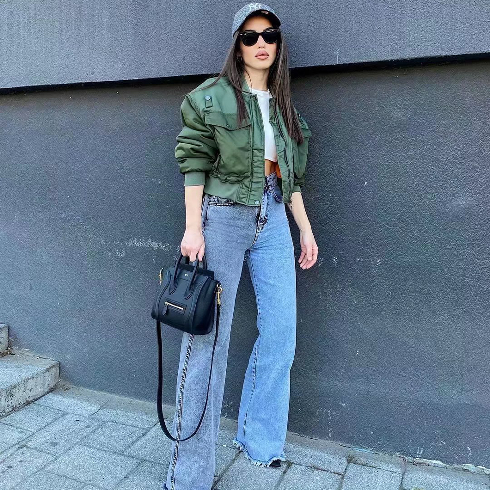Mn-Blouson Bombardier Vert à Manches sulfpour Femme, Vêtement d'Extérieur à Fermeture Éclair, à la Mode, pour Automne et Hiver
