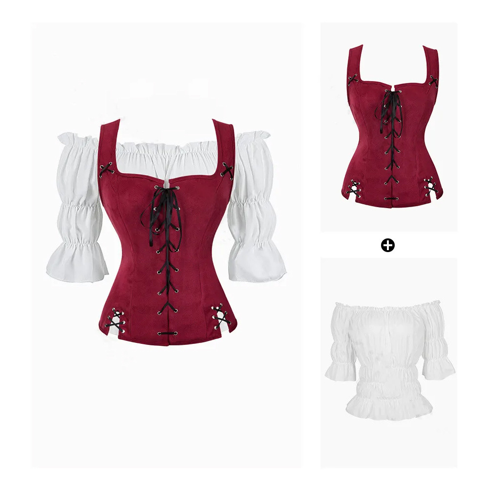 Costume de Pirate pour femmes, gilet médiéval, Cosplay, grande taille, chemisier médiéval, hauts, ensemble 2 pièces, gilet Renaissance, marron, noir, bleu, rouge