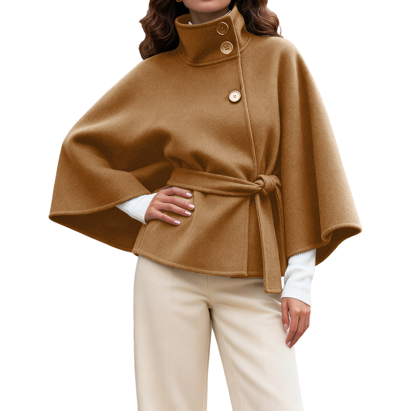 Vestes d'affaires pour femmes, à la mode, couleur unie, Cape, col montant, boutons, ceinture en laine, coupe-vent pour dames élégantes