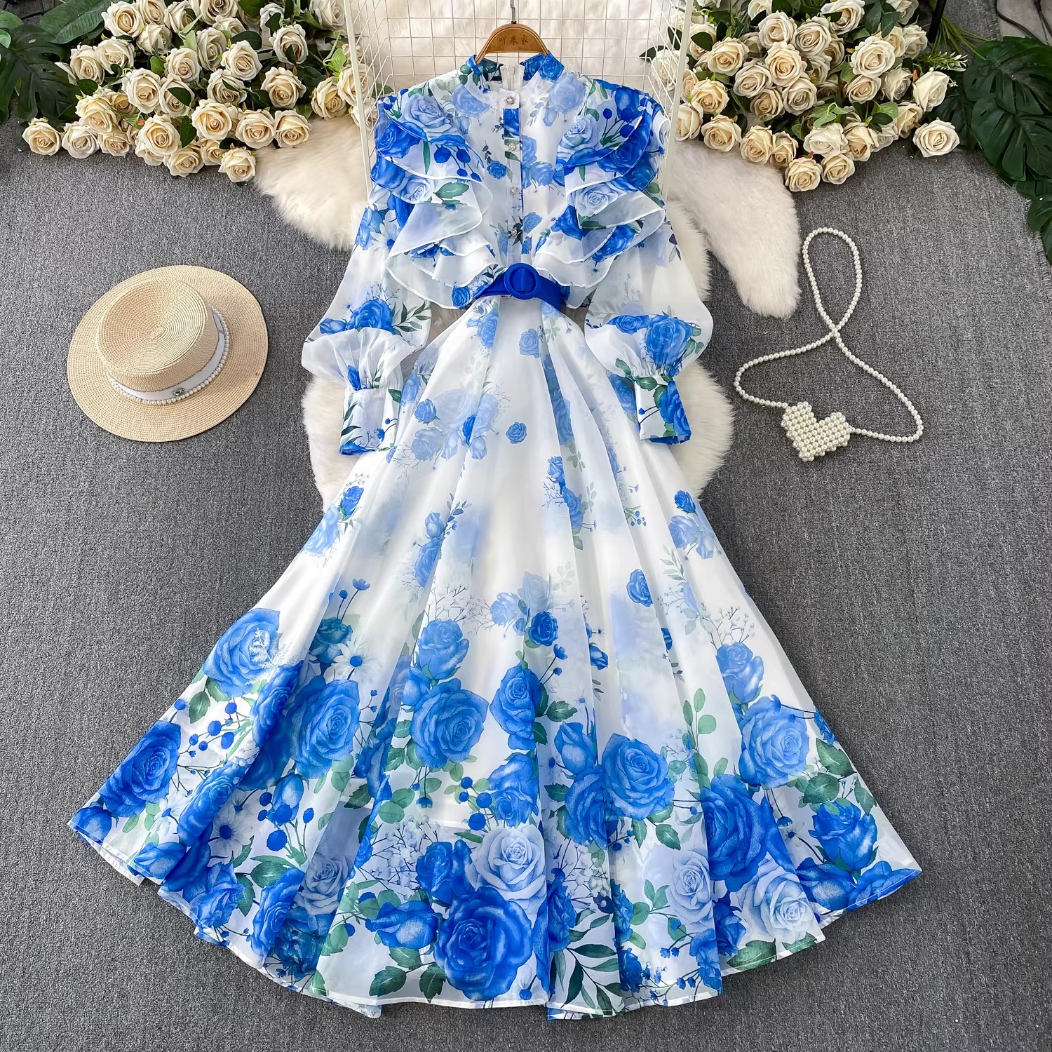 Robe Chic et Élégante à Col Montant, Manches Longues Bouffantes, Grande Jupe Évasée, Boutonnage Simple, Ceinture Ajustable, Imprimée, pour l'Été