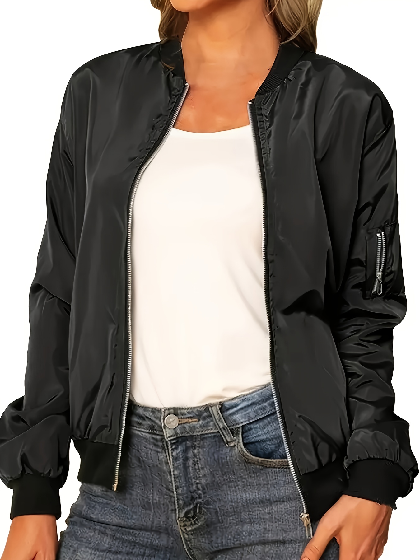 Veste bomber décontractée pour femme à manches longues avec fermeture éclair, coupe-vent léger avec poches, pour un usage quotidien en extérieur
