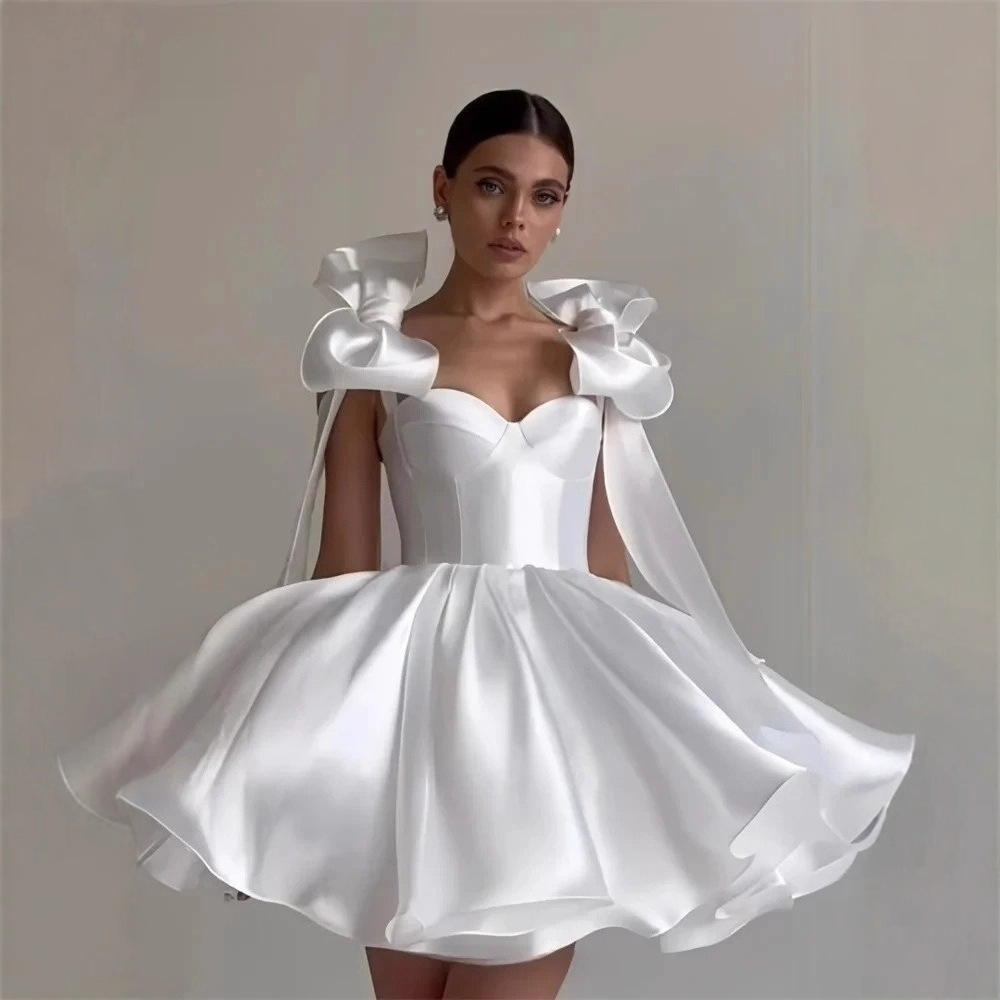 Robe de soirée élégante pour femme, mini-robe trapèze en satin à bretelles fines avec nœud, pour fêtes et banquets, style mondaine
