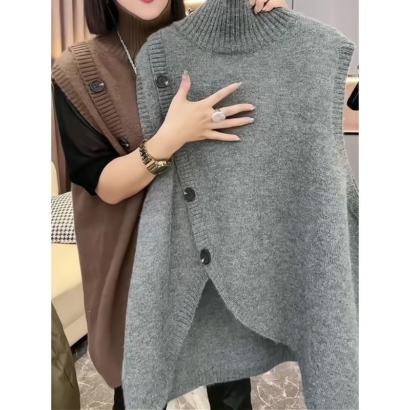 Femmes sans manches longs pull gilets Vintage irrégulière épissé bouton tricots vêtements d'extérieur pulls élégant col roulé gilets amples