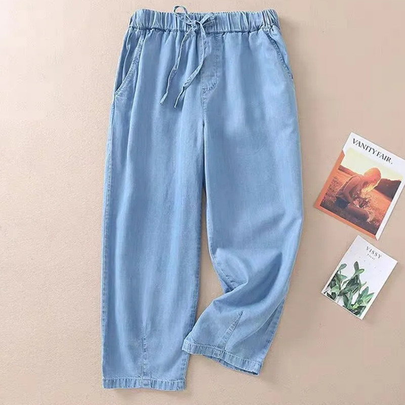 Jean taille haute pour femme, nouvelle collection été 2026, pantalon sarouel décontracté en denim fin, délavé, avec poches, taille élastique