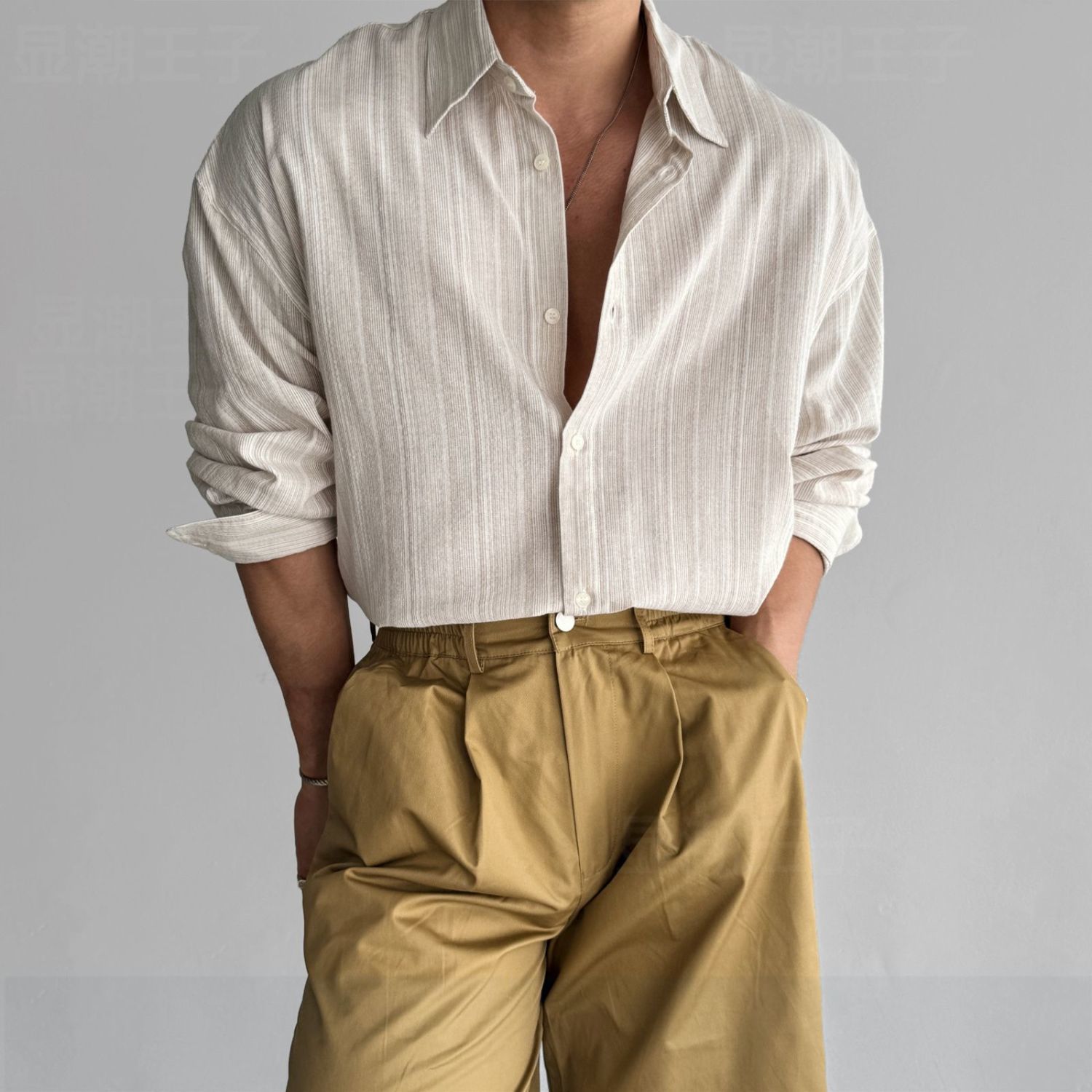 Chemise à manches longues en coton et lin pour hommes, chemises sans rebond, patchwork rayé, vêtements pour hommes, mode, nouveau, 2024