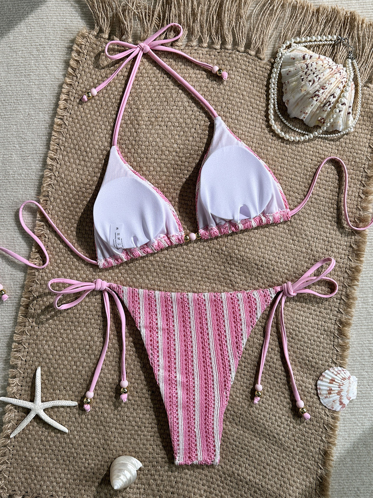Ensemble bikini tricoté rayé et uni pour femme, collection été 2026 – Maillot de bain sexy et tendance pour les vacances à la plage