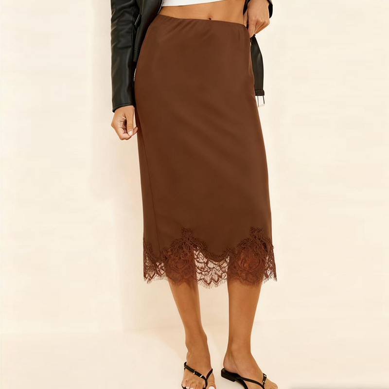 Femmes Sexy dentelle Patchwork Satin jupe crayon classique élégant taille haute soyeux fluide demi-slip sous-jupe bureau dame jupe Midi