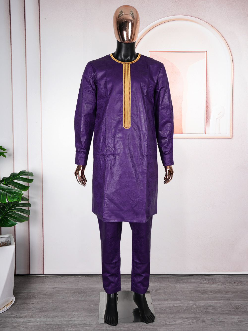 Vêtements africains pour hommes, Bazin Riche, design brodé, hauts à manches longues et pantalons, ensembles 3 pièces, tenue traditionnelle violette