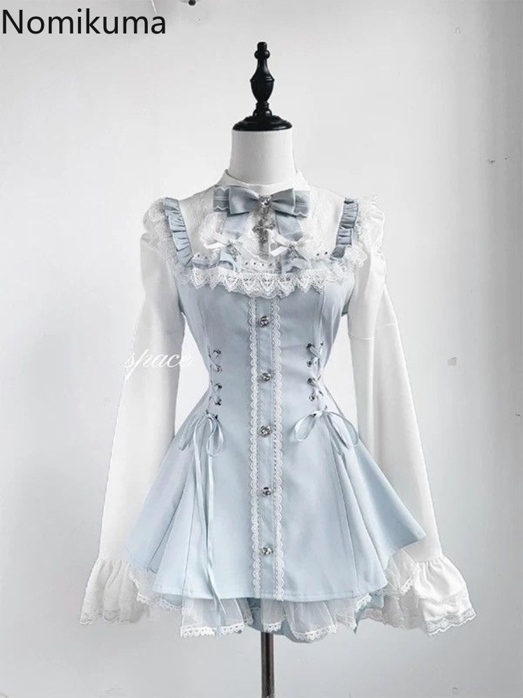 Vêtements pour femmes robe costume deux pièces ensembles Roupas Femme Style Lolita taille mince nœud dentelle robes douces tenues japonais mignon ensemble