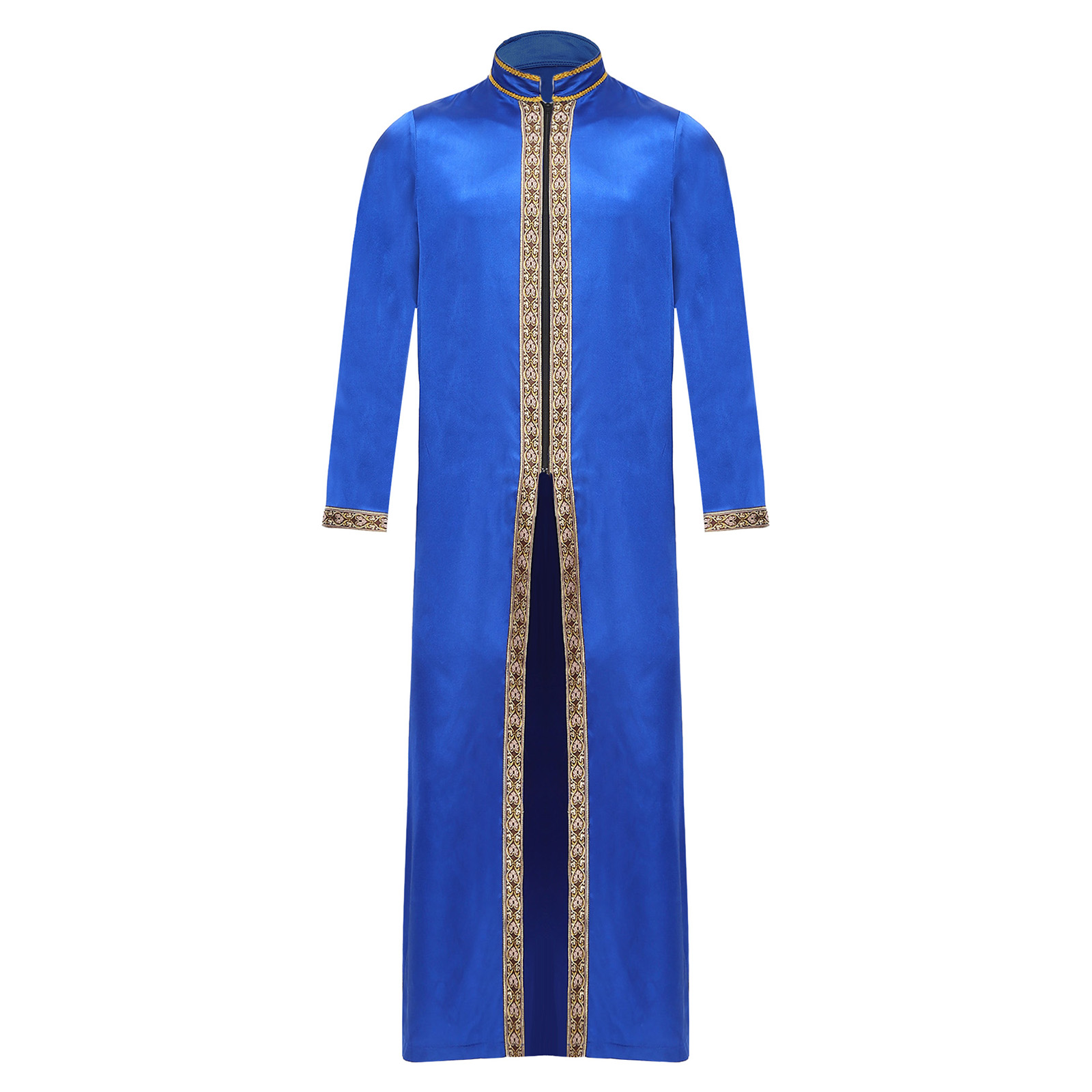 Robe musulmane islamique pour homme, en satin brillant avec bordure dorée, brocart, col montant, manches longues, fermeture éclair sur le devant, Kaftan Thobe, Abaya du Moyen-Orient, Arabie Saoudite