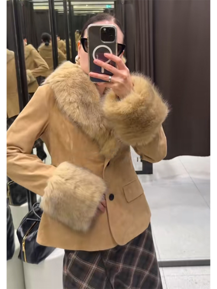 Veste Courte Femme en Jacquard Floral avec Bordure en Fausse Fourrure, Col en V, Bouton Unique, Manches Longues en Fourrure, Style Vintage, Chaude pour l'Hiver et les Fêtes