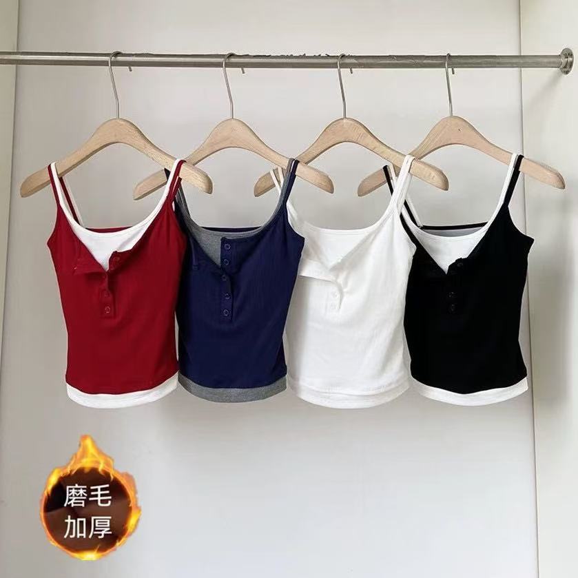 Camisole Faux Deux Pièces Tendance pour Femme Printemps Automne, Coupe Courte Ajustée avec Coussinets de Poitrine, Style Coréen Urbain pour Femme Audacieuse