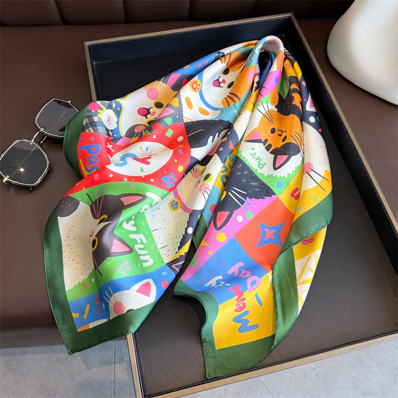 Nouveau Foulard Carré en Soie Imitée 2026 pour Femme, Imprimé Chat Animal, Accessoire de Mode, Bandeau, Bandana, Neckerchief