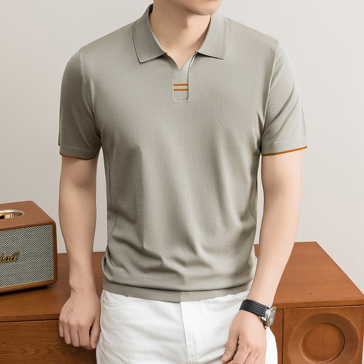 Polo tricoté respirant pour homme, manches courtes, collection Printemps-Été 2026, en Lyocell 43,9 %, soie de mûrier 2,5 %, lin 2,1 %