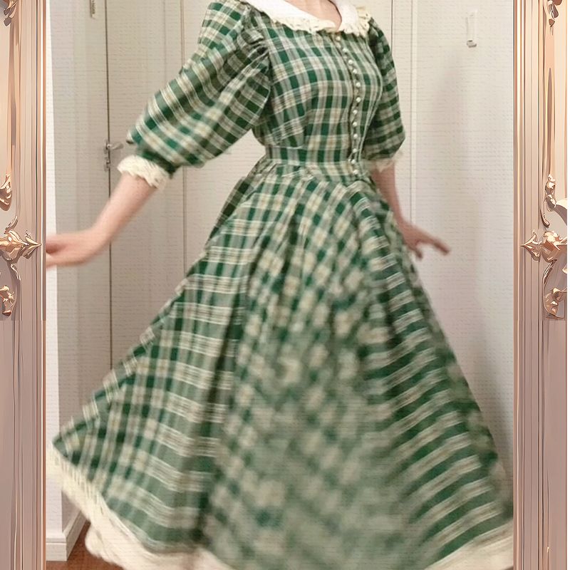 MAGOGO – robe longue plissée en dentelle pour femmes, taille Maxi, Style français rétro vert, élégante, bulle, manches courtes, amincissante, Plaid, été