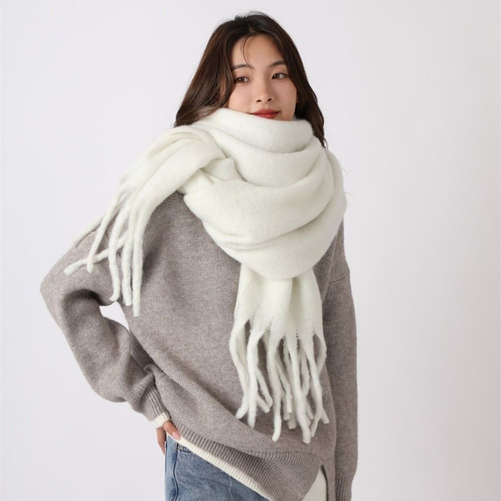 Écharpe rétro en laine à carreaux Mohair, avec pompon épais, en cachemire, couleur unie, en peluche, Long châle pour étudiant, hiver