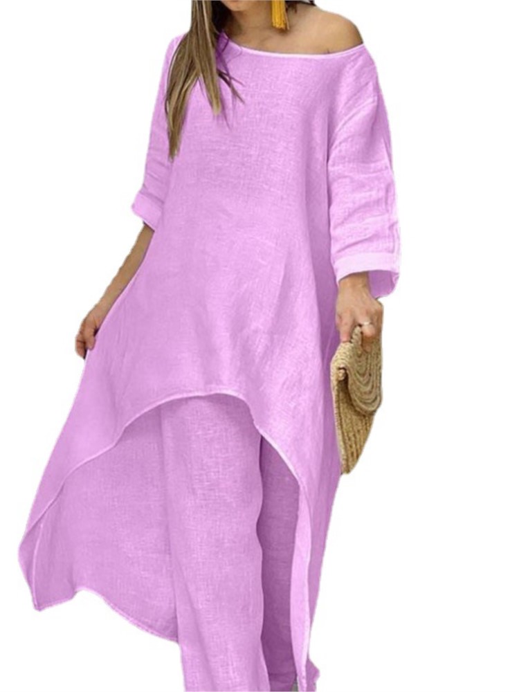 Ensemble pantalon Long en coton et lin pour femmes, mode solide, décontracté, hauts irréguliers, jambes larges, costumes de bureau, ensemble deux pièces, vêtements