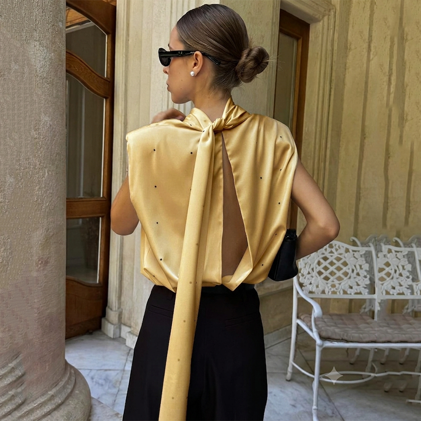 Linad Street Chic Débardeur Femme 2026 en Satin et Soie à Col Foulard, à Pois, Élégant, Décontracté d'Été, Dos Nu, à Lacets