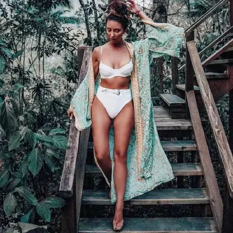 Boho Dinner ens Fashion-Kimono de plage pour femmes, imprimé floral vert, manches chauve-souris, rayonne, bohème, col en V, robe Boho, couvertures de bikini