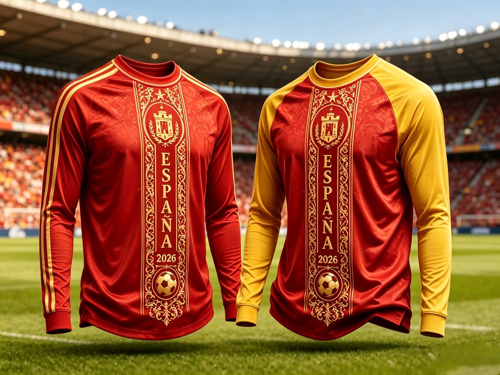 Maillot de football unisexe à manches longues Espagne 2026 pour adultes et enfants, impression dorée en relief, séchage rapide, 2 styles de manches