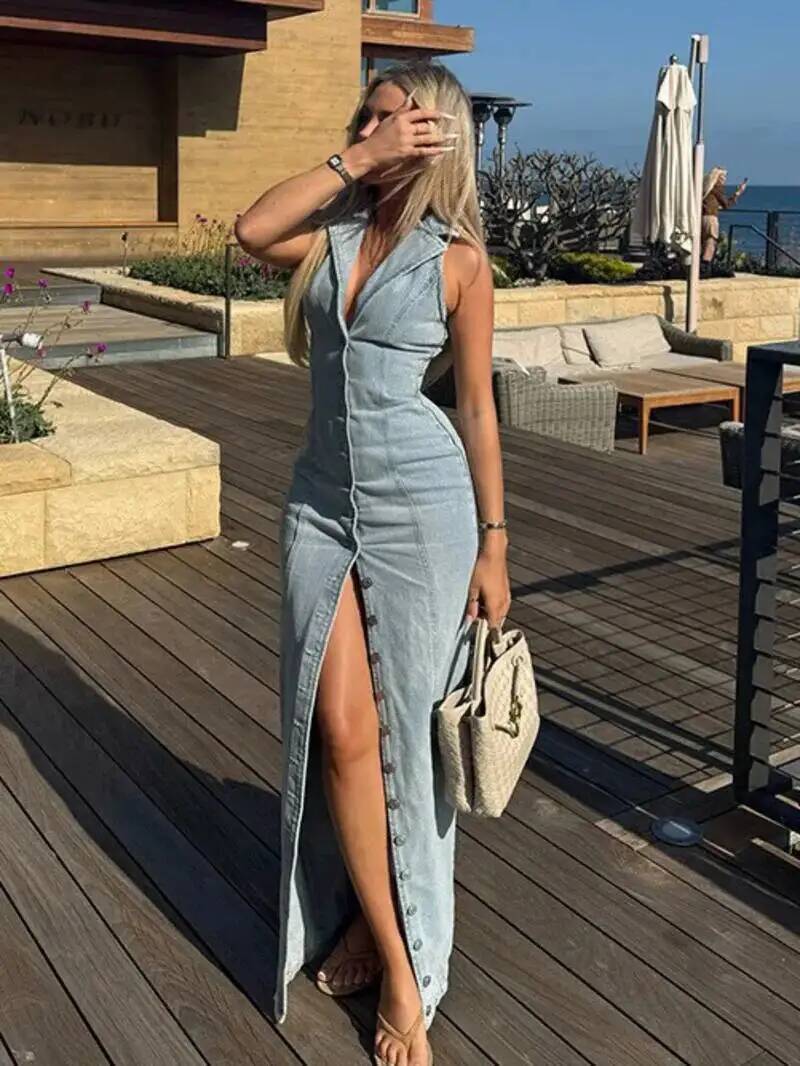 Robe longue en jean pour femme, style cowboy, sans manches, boutonnage simple, fente avant, collection été 2026, mode décontractée féminine IG8