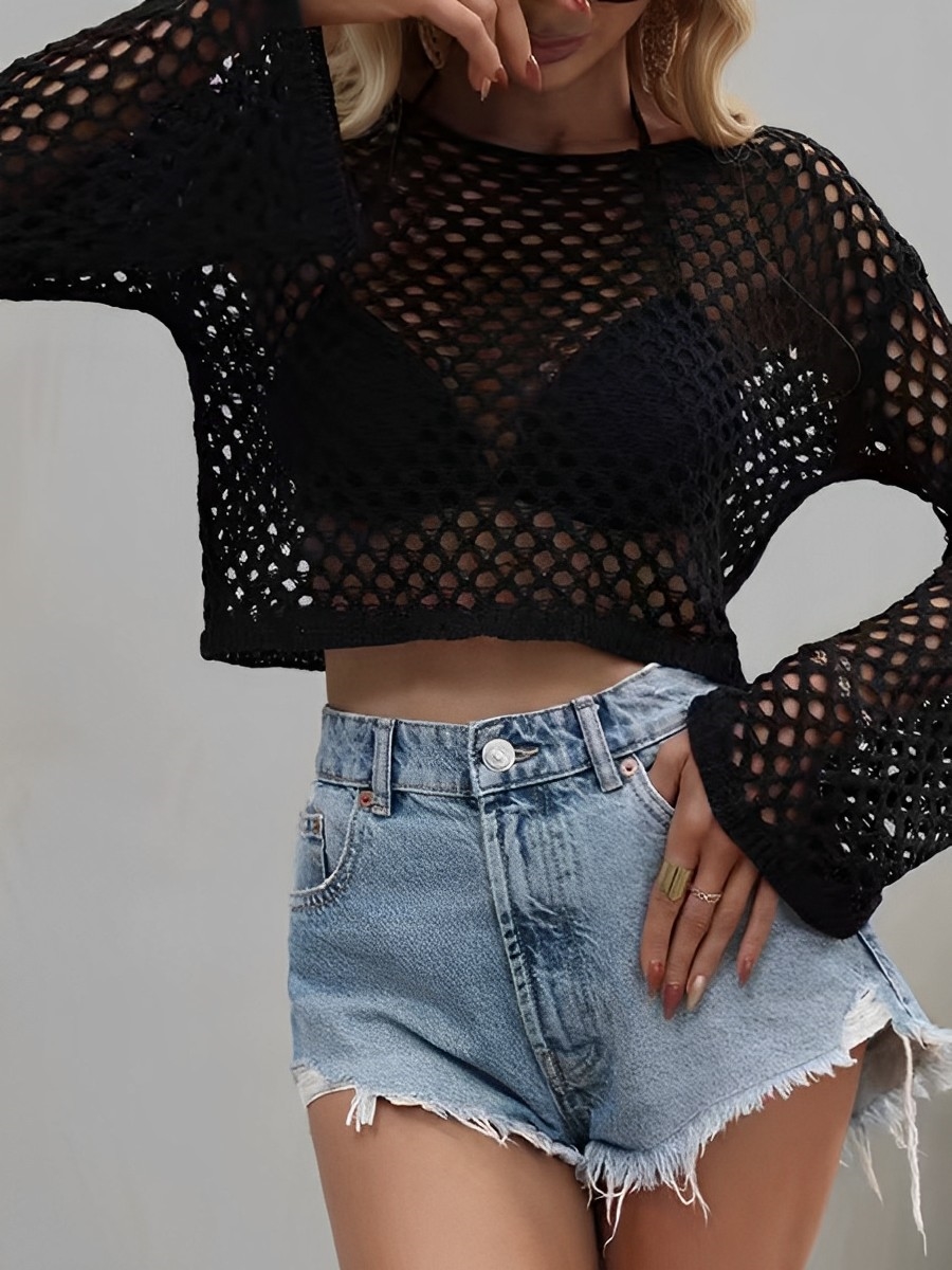 Chemisier de plage en maille crochetée pour femme, couleur unie, manches longues, sexy, collection 2026, tenue de bain