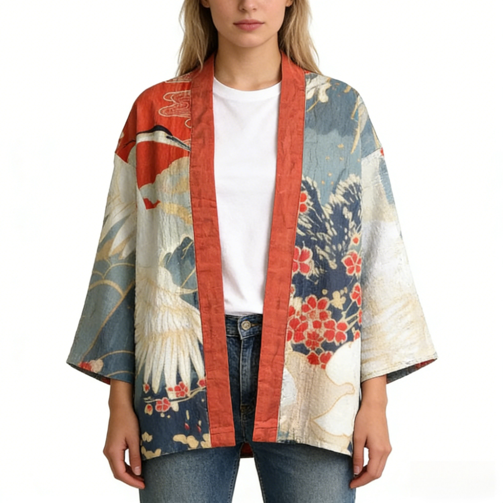Cardigan Kimono Ukiyo-e Japonais à imprimé Baleine et Vague, Robe ouverte sur le devant, Légère en Coton, Cache-maillot de plage, Veste de détente ouverte sur le devant